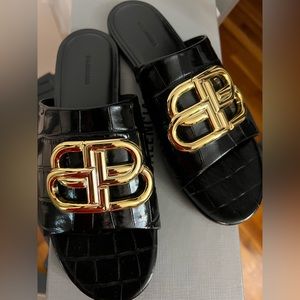 Balenciaga Black Croc Embossed Logo Slides Mules Sandals size 36